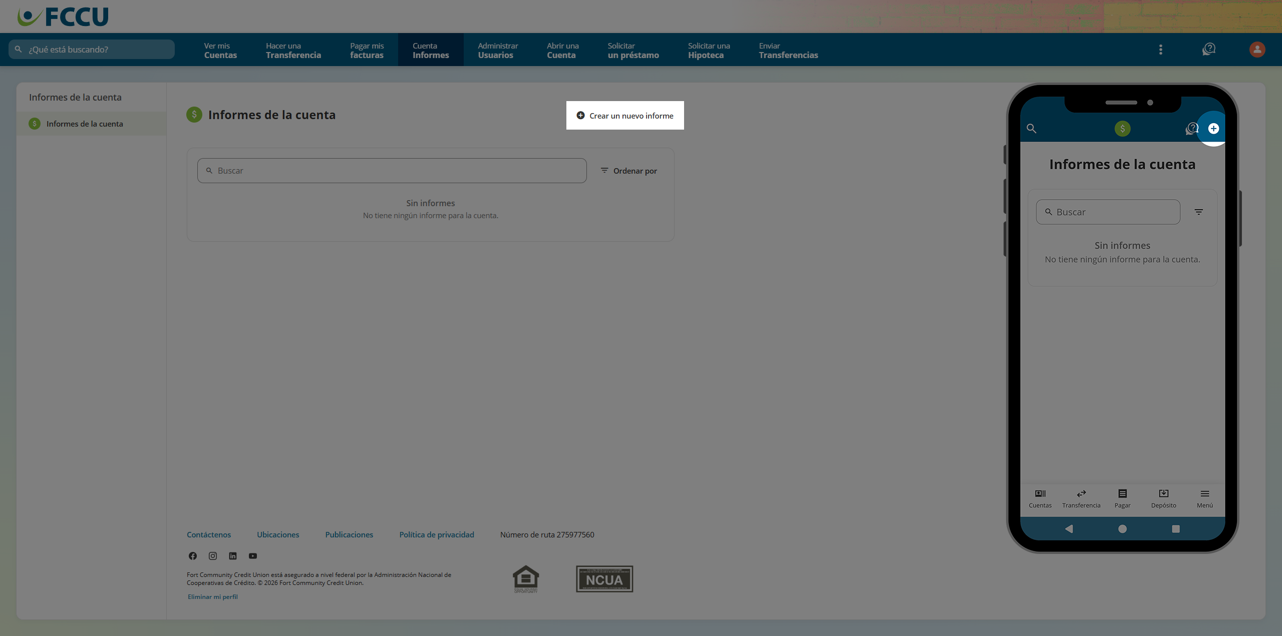 Screenshot of digital banking 'Account Reports' page.
