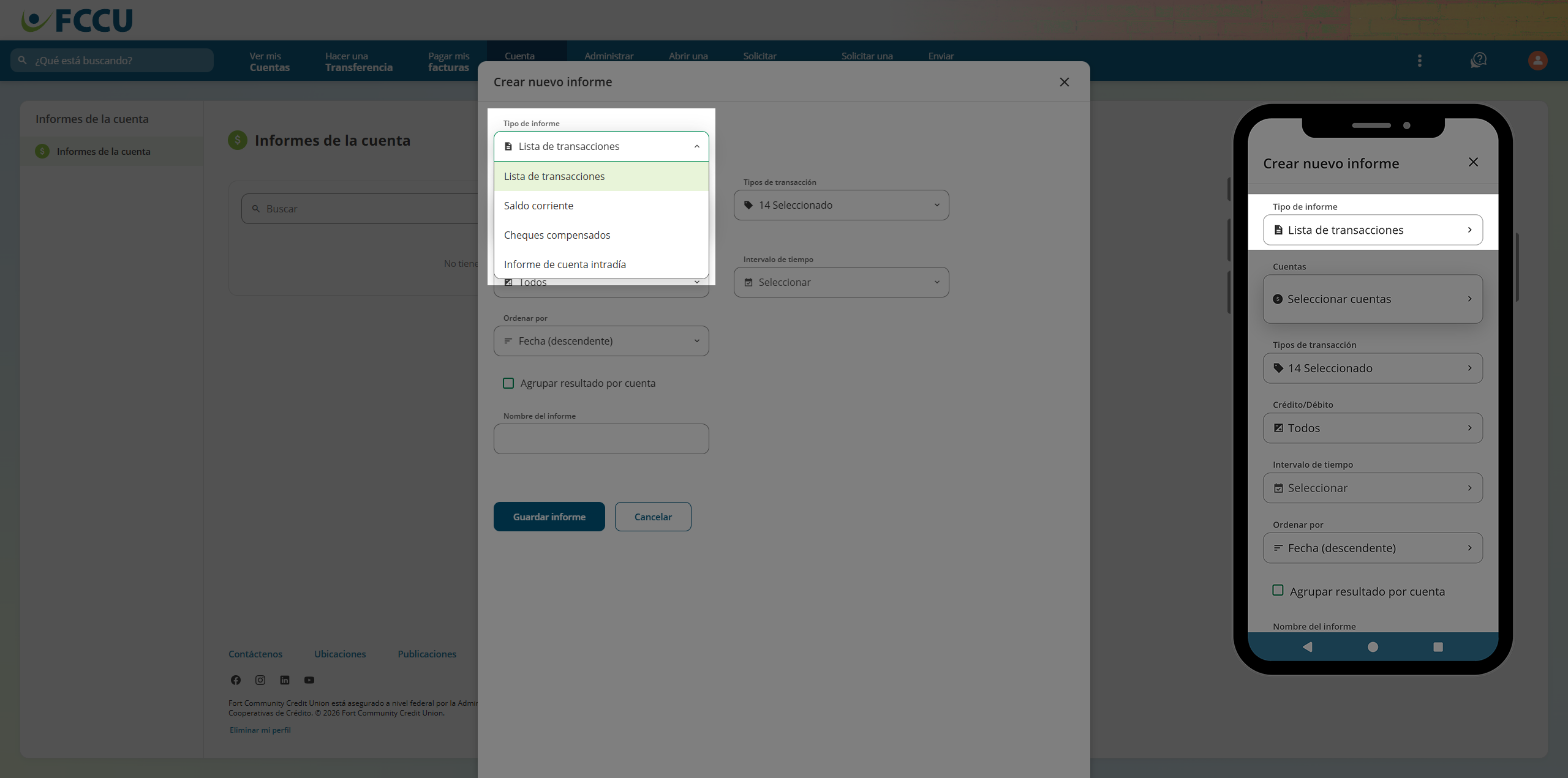 Screenshot of digital banking 'Create a New Report' page.