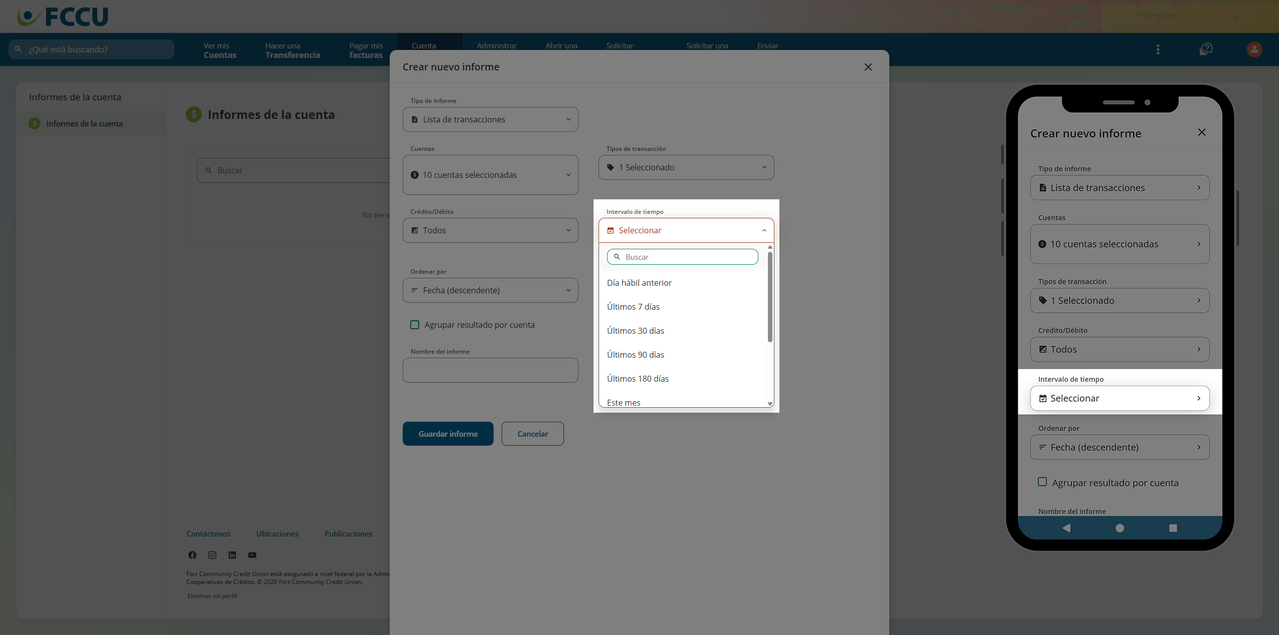Screenshot of digital banking 'Create a New Report' page.