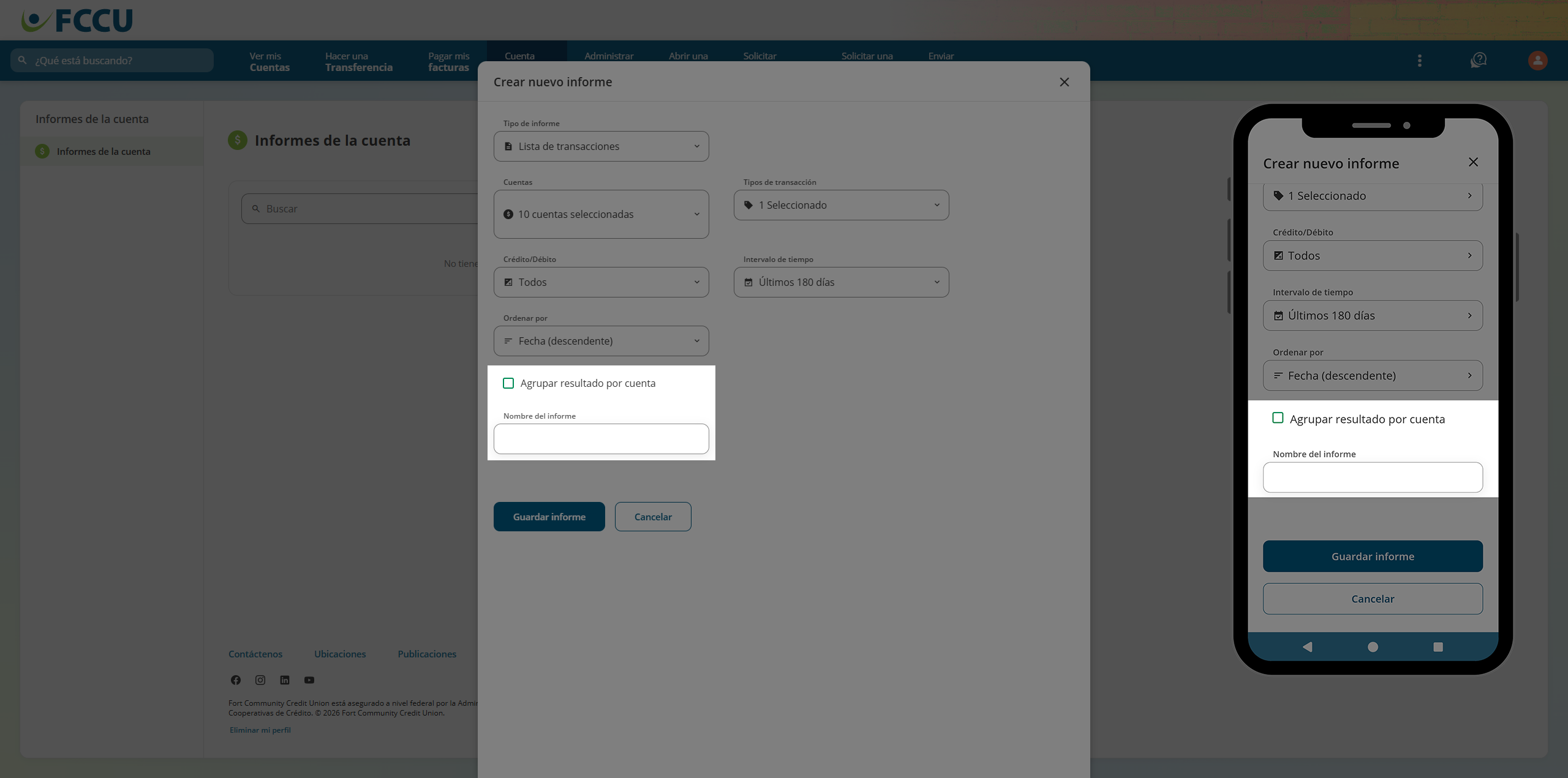 Screenshot of digital banking 'Create a New Report' page.