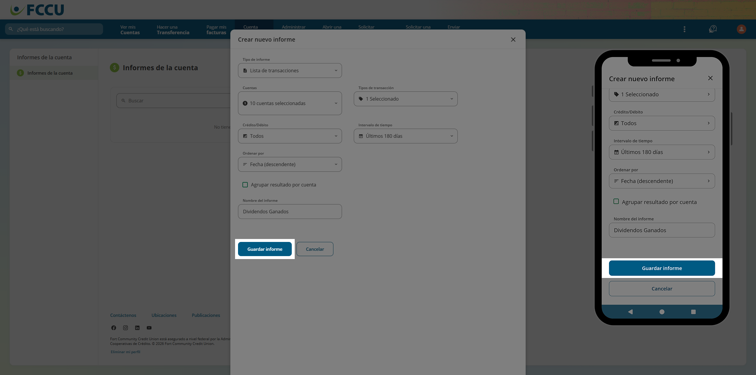 Screenshot of digital banking 'Create New Report' page.