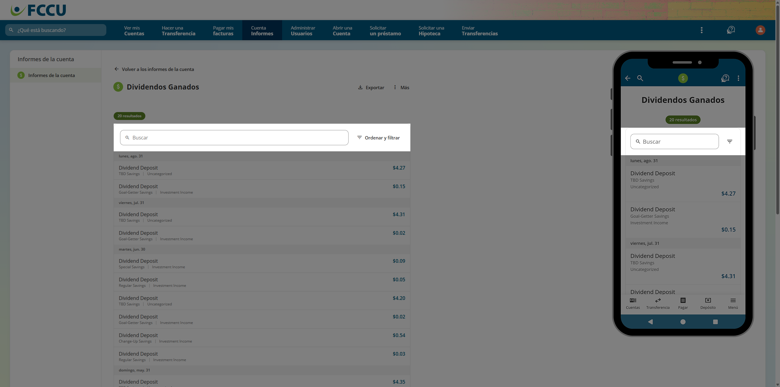 Screenshot of digital banking 'Report' page.