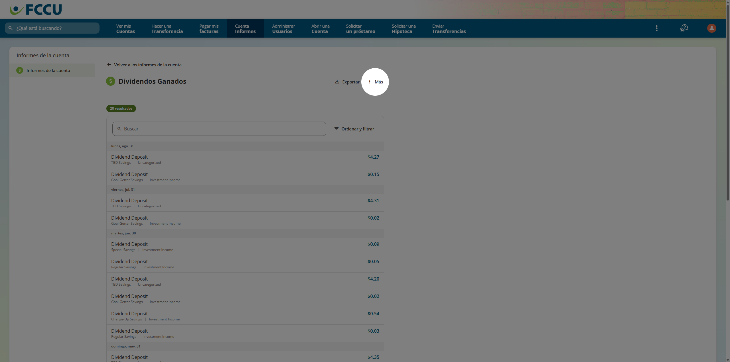 Screenshot of digital banking 'Report' page.