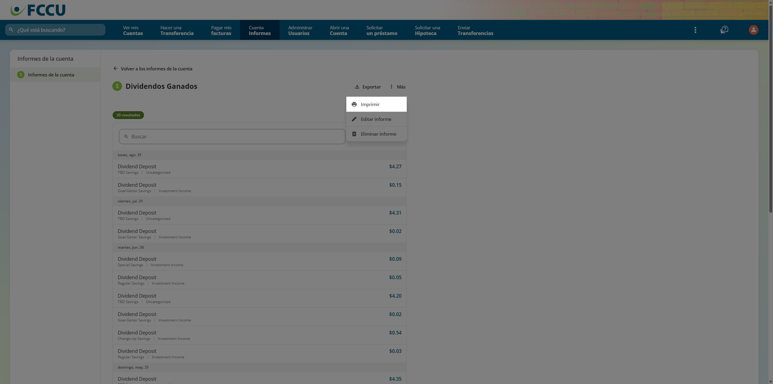 Screenshot of digital banking 'Report' page.