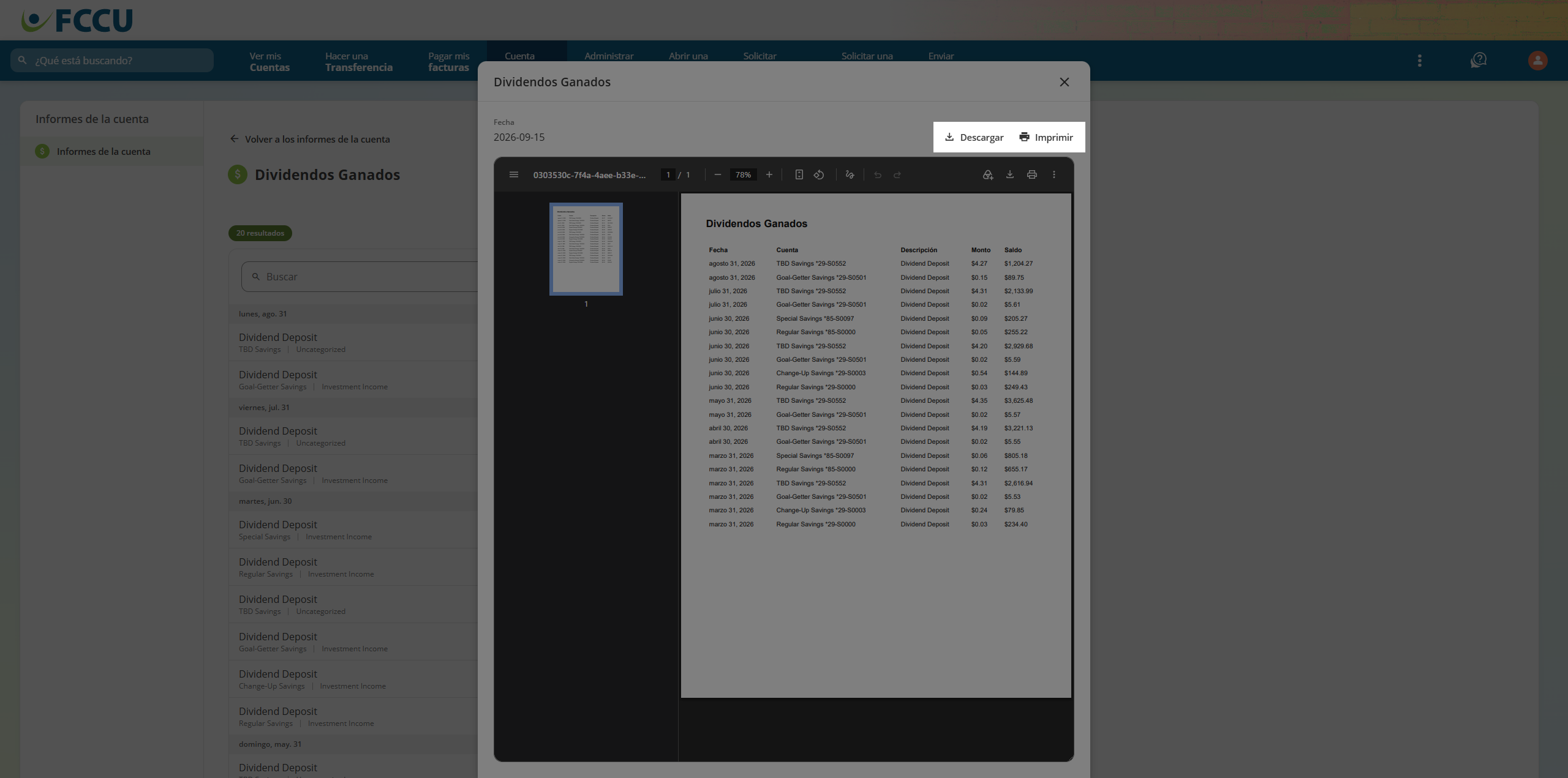 Screenshot of digital banking 'Print Preview' pop-up.