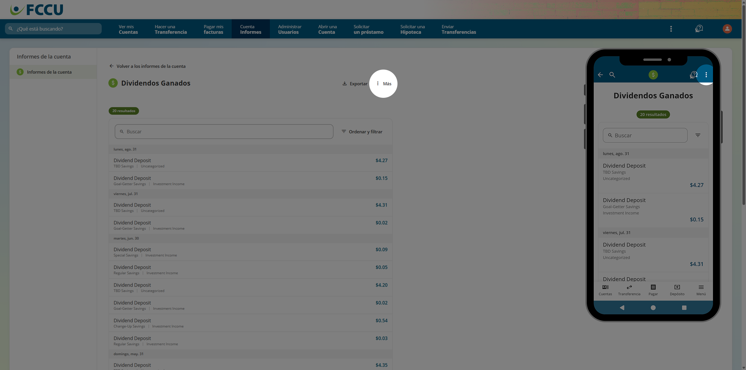 Screenshot of digital banking 'Report' page.