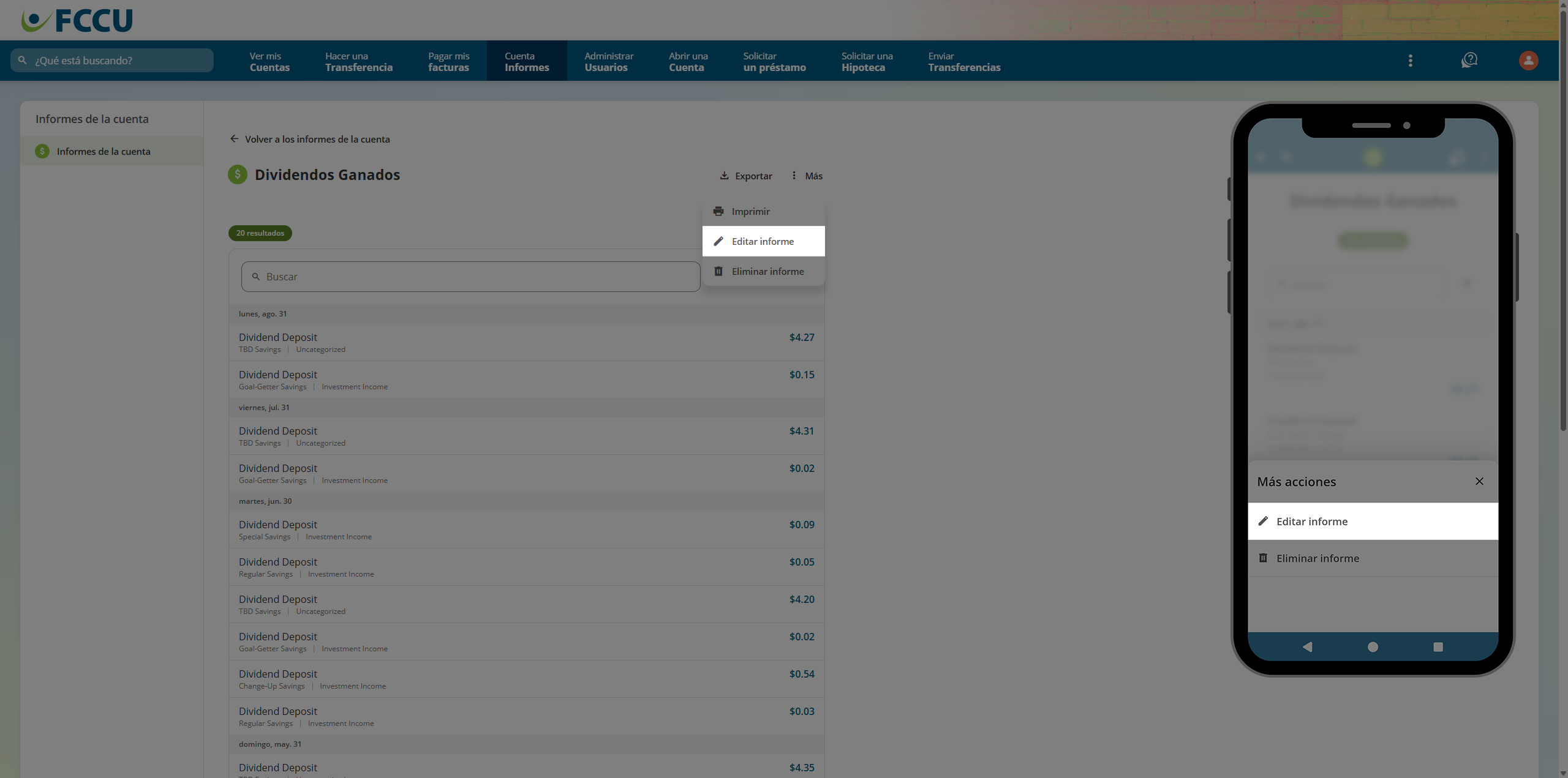 Screenshot of digital banking 'Report' page.