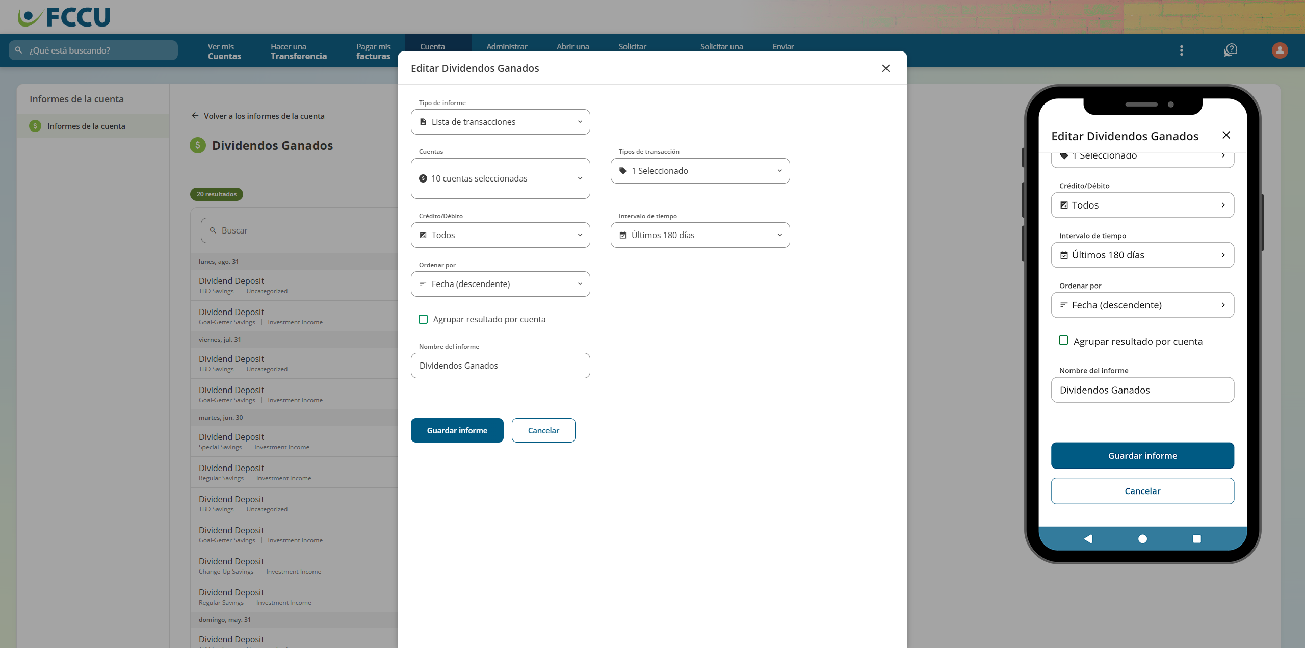 Screenshot of digital banking 'Edit Report' pop-up.