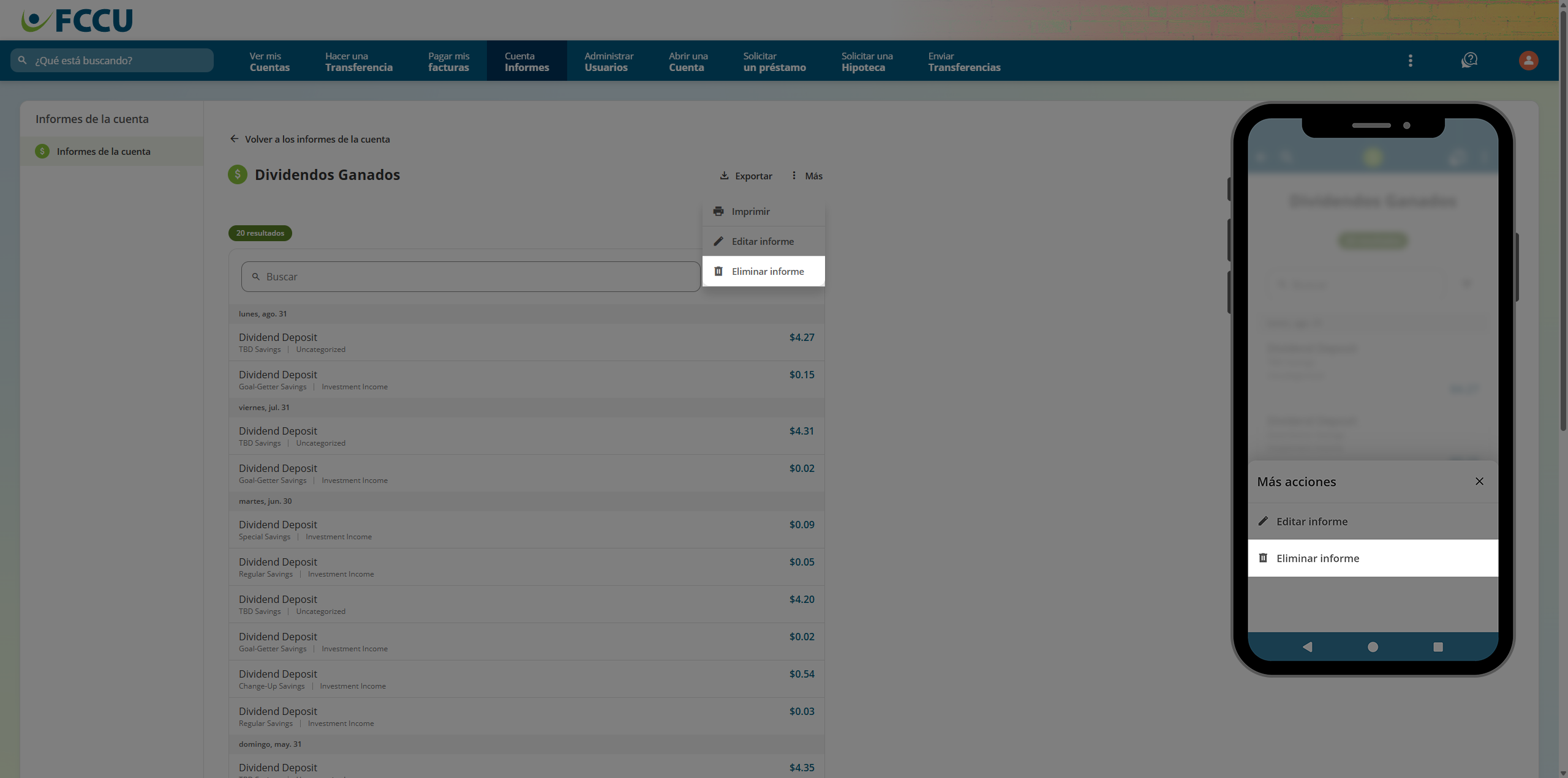 Screenshot of digital banking 'Report' page.
