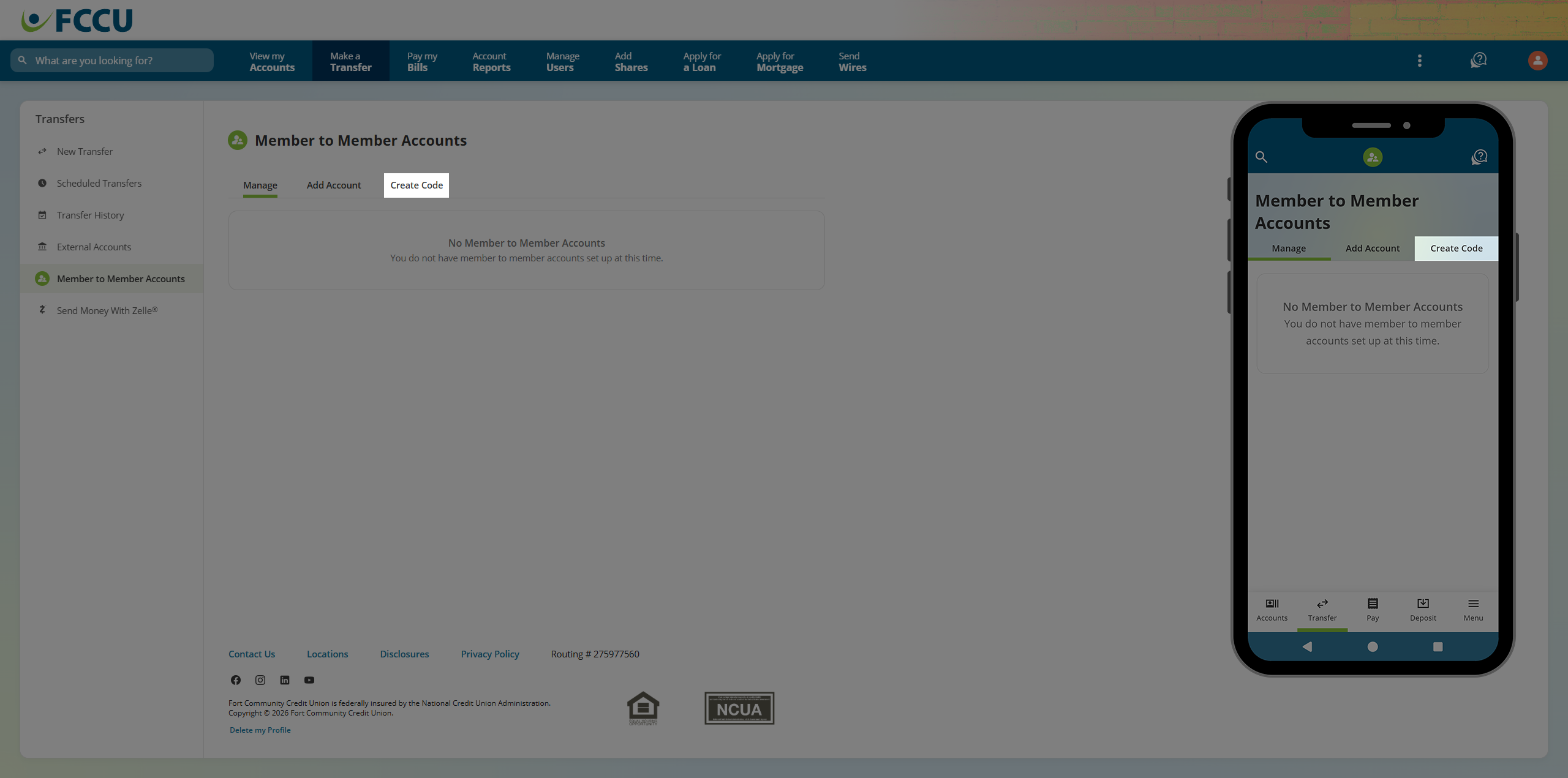 Screenshot of digital banking 'Member to Member Accounts' page.