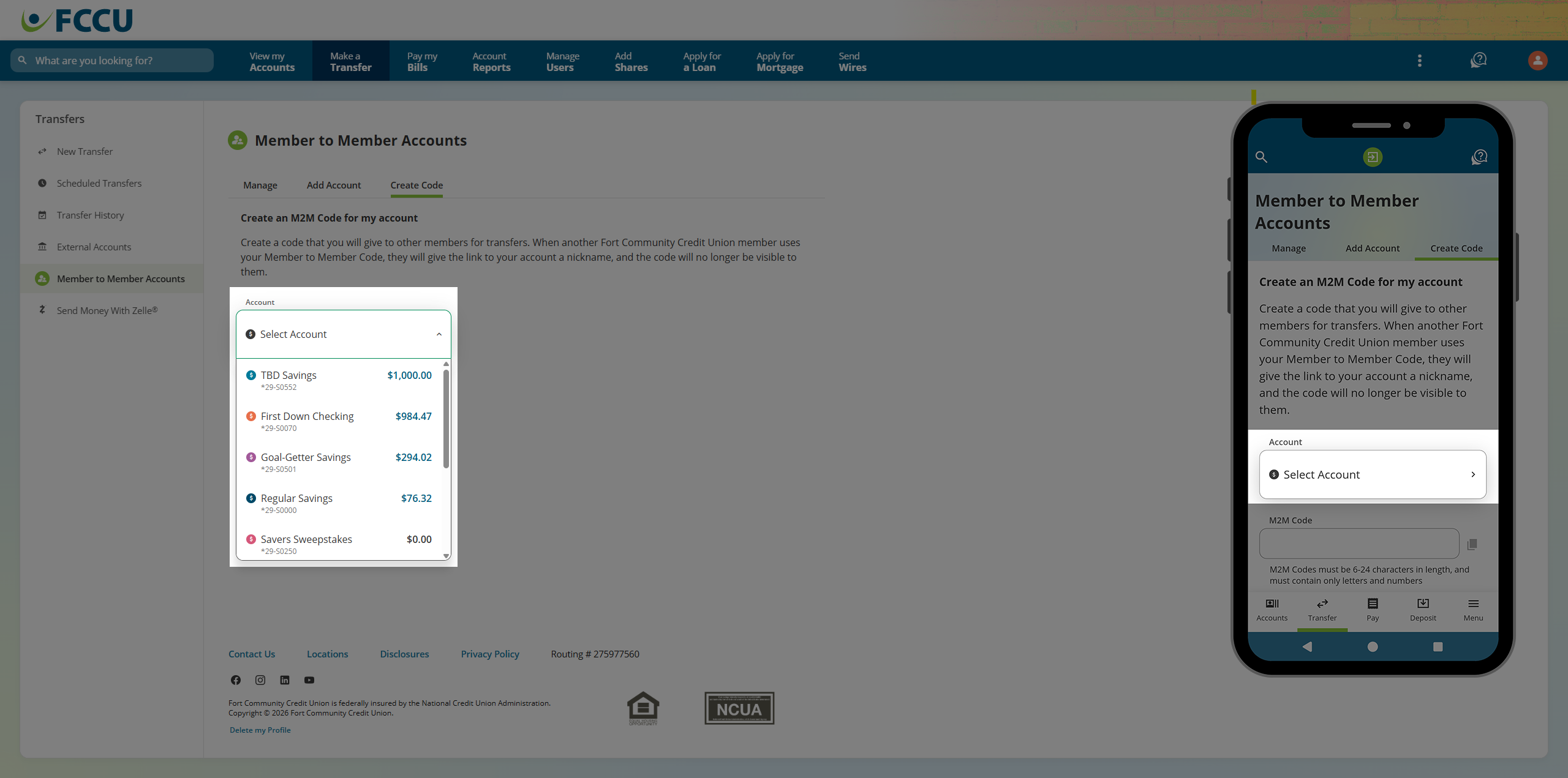 Screenshot of digital banking 'Member to Member Accounts' page.