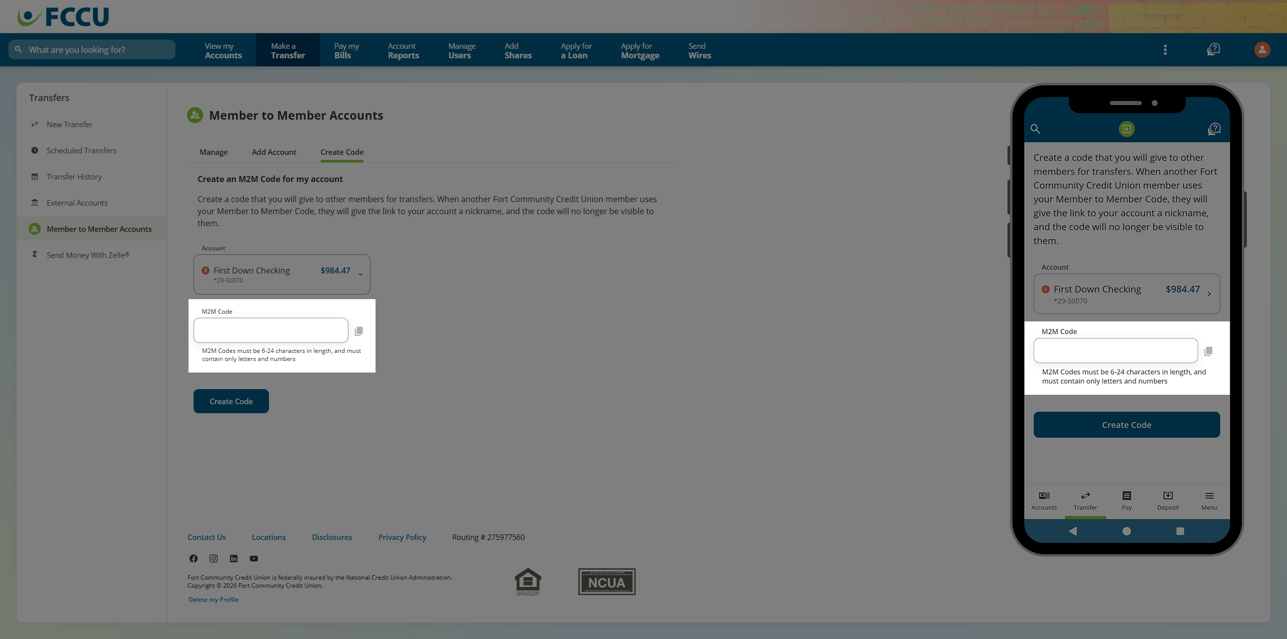 Screenshot of digital banking 'Member to Member Accounts' page.