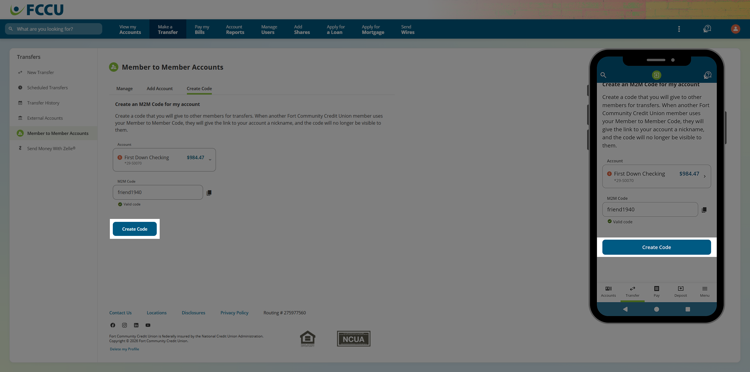 Screenshot of digital banking 'Member to Member Accounts' page.