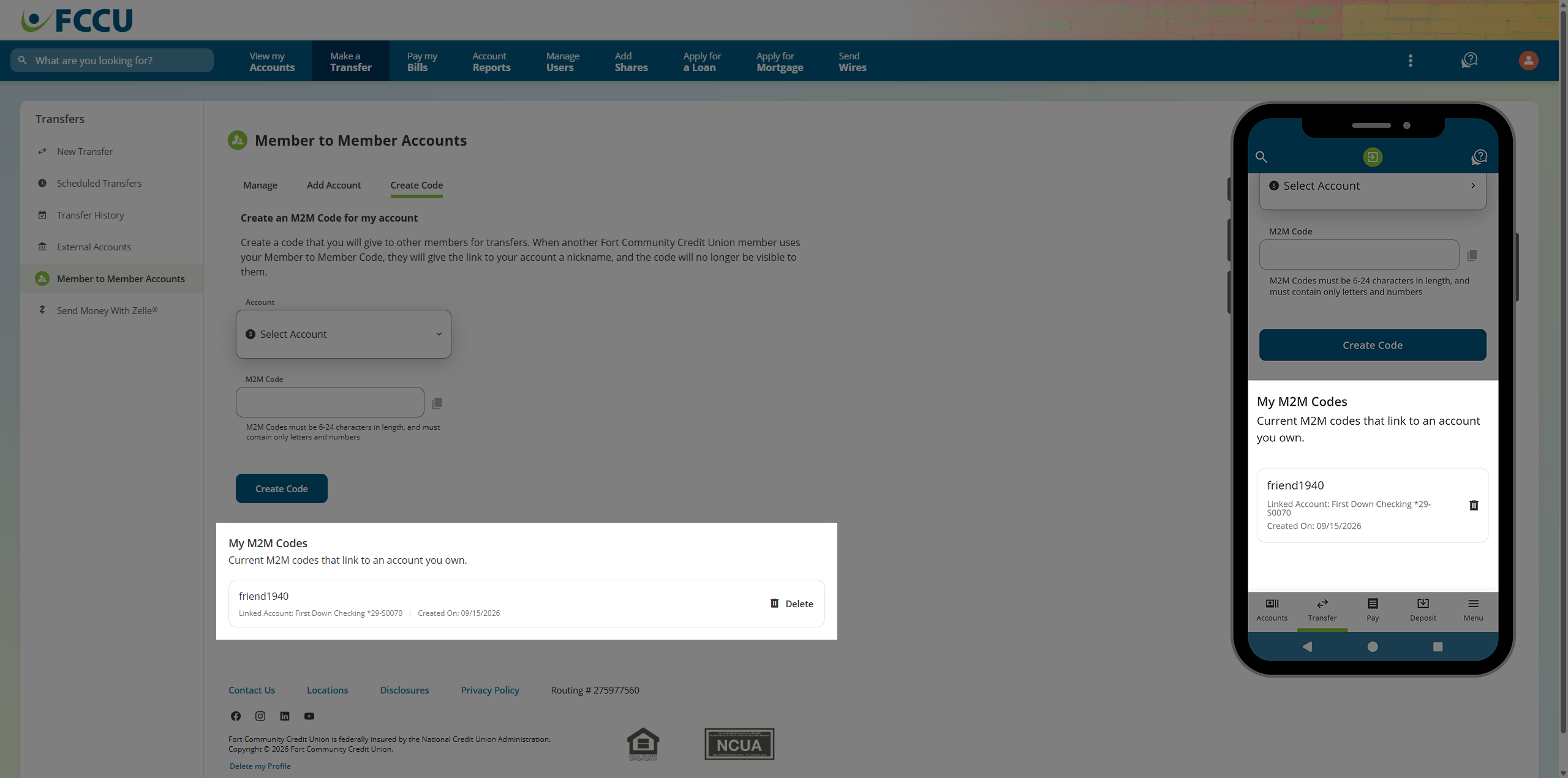 Screenshot of digital banking 'Member to Member Accounts' page.