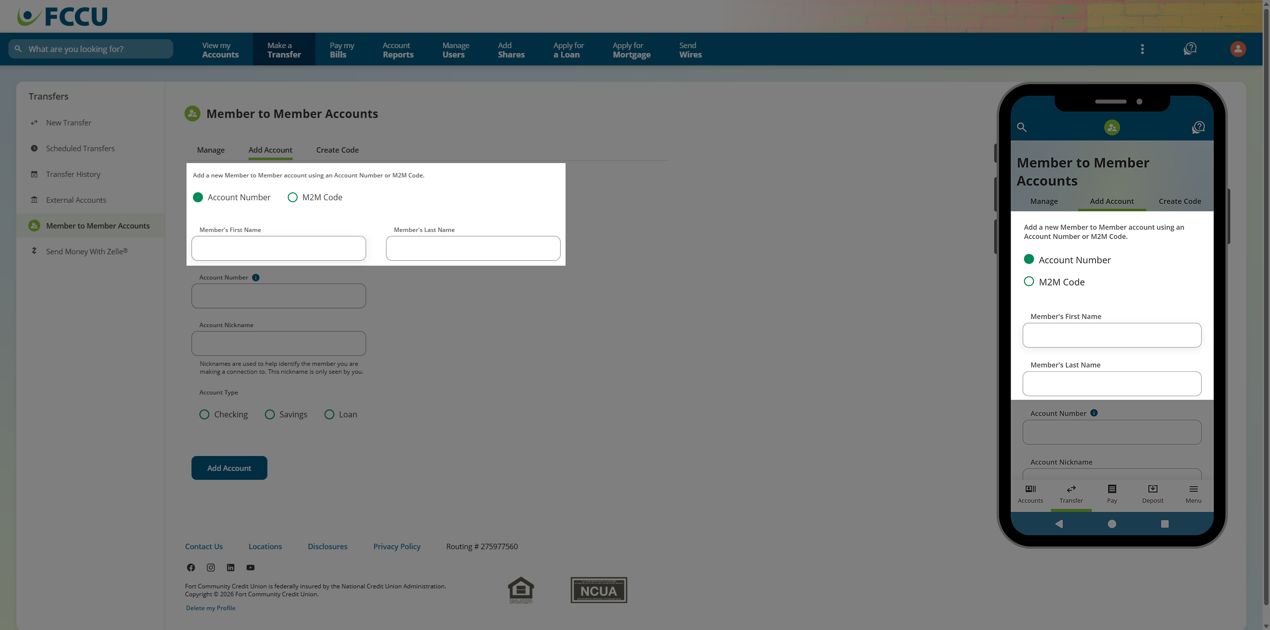 Screenshot of digital banking 'Member to Member Accounts' page.