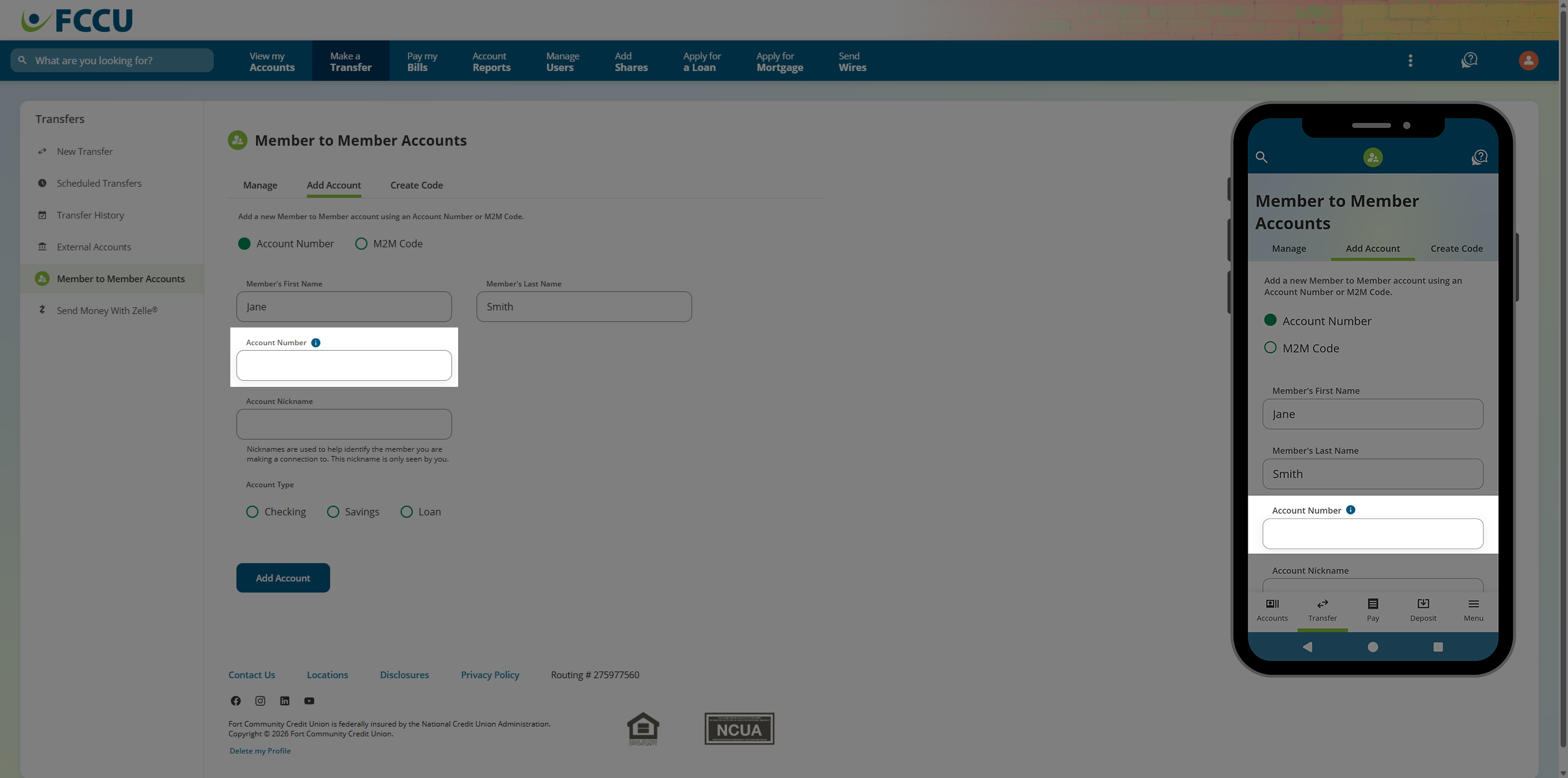 Screenshot of digital banking 'Member to Member Accounts' page.