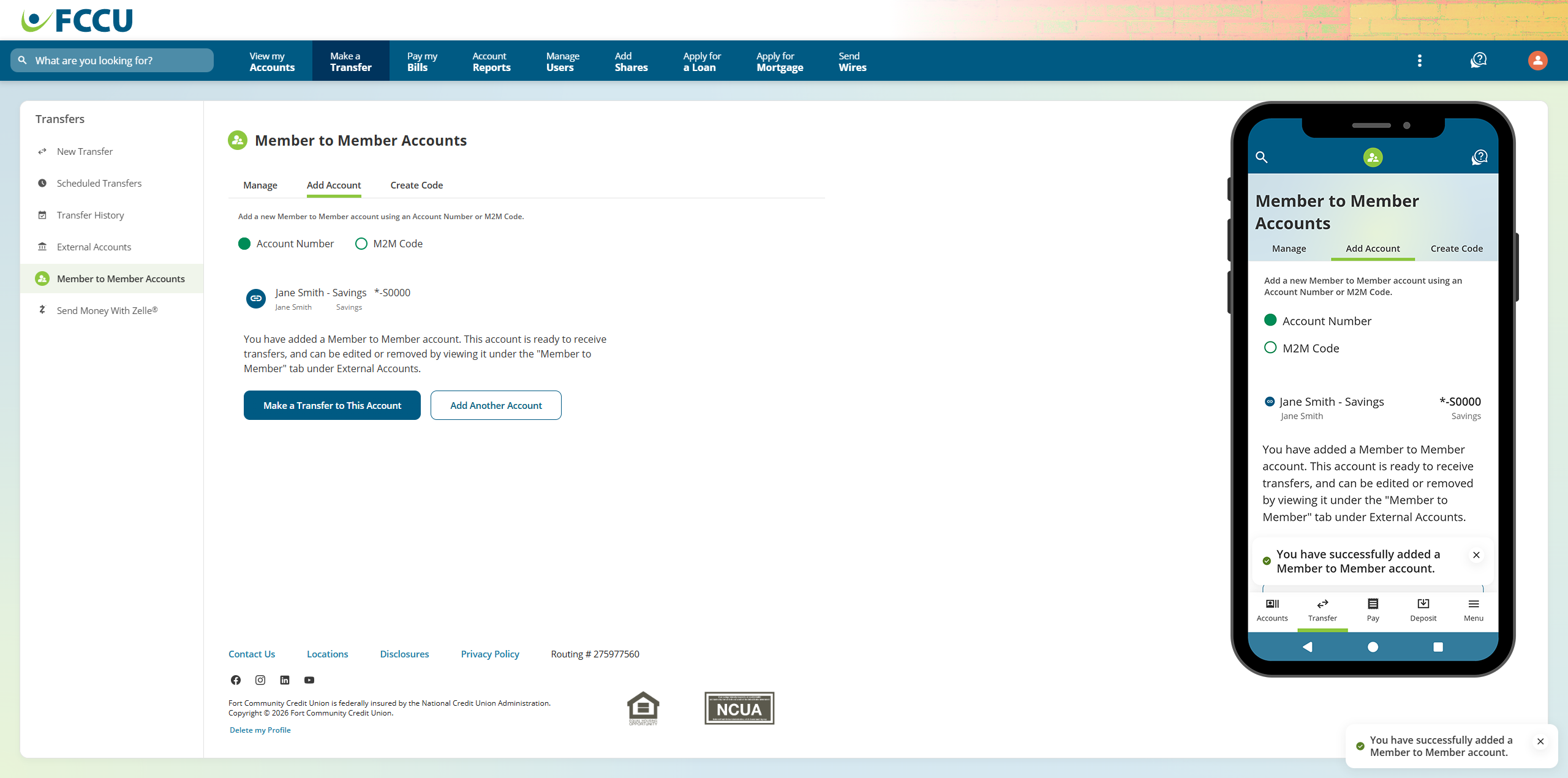 Screenshot of digital banking 'Member to Member Accounts' page.