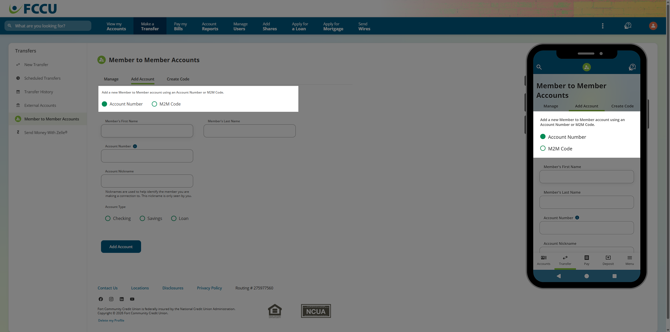 Screenshot of digital banking 'Member to Member Accounts' page.