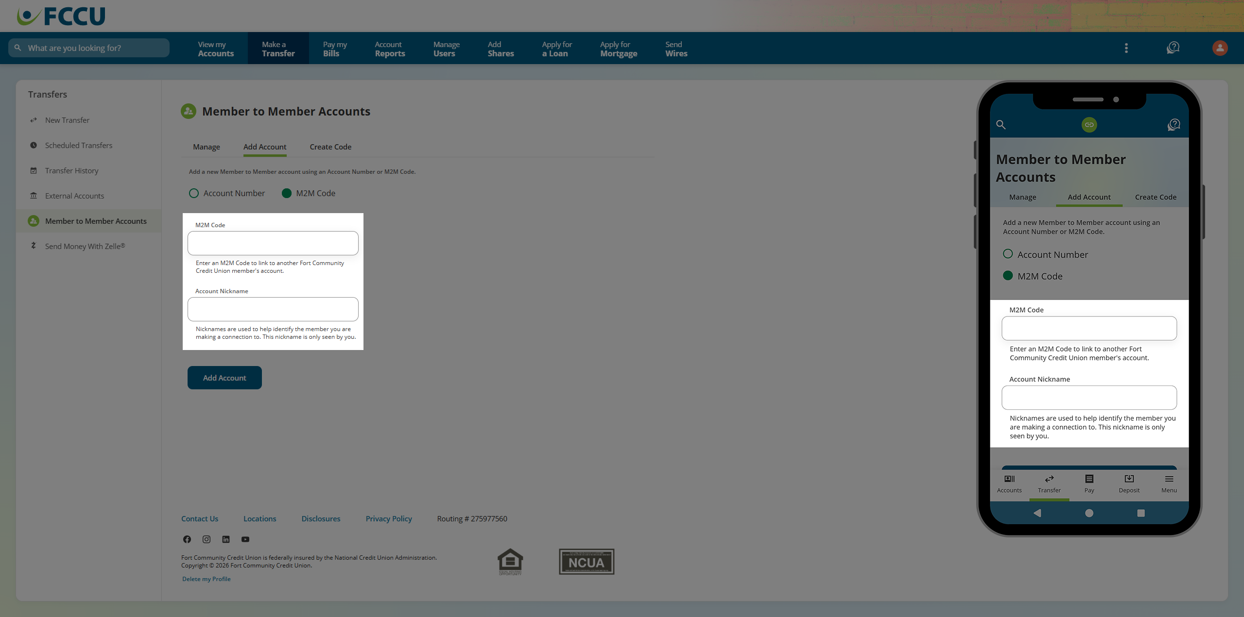Screenshot of digital banking 'Member to Member Accounts' page.