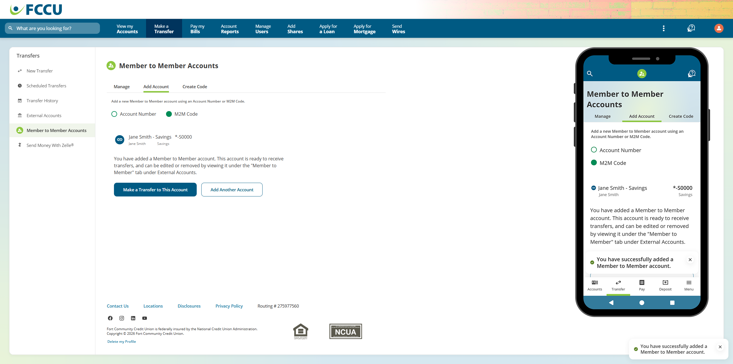 Screenshot of digital banking 'Member to Member Accounts' page.