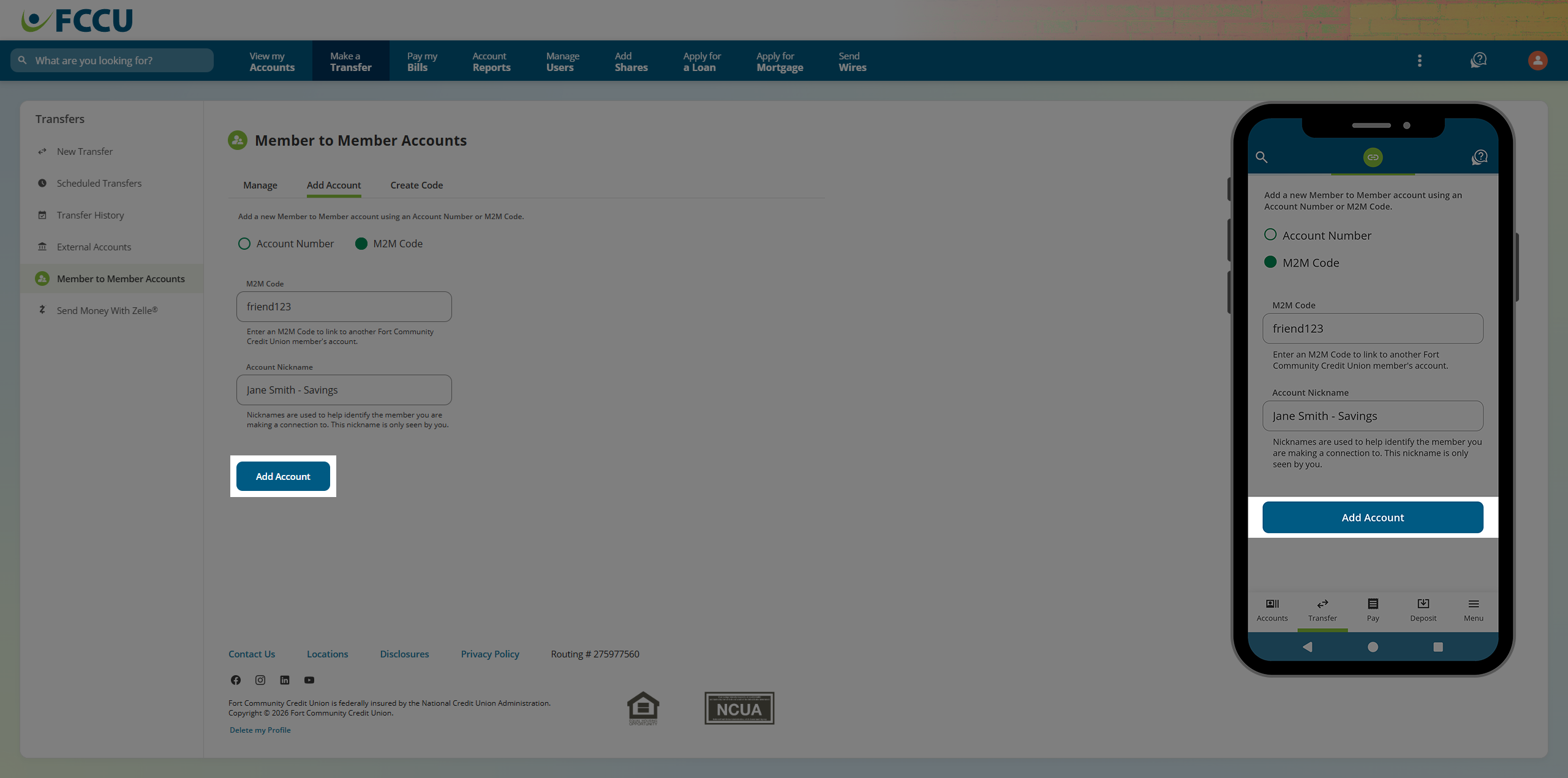 Screenshot of digital banking 'Member to Member Accounts' page.