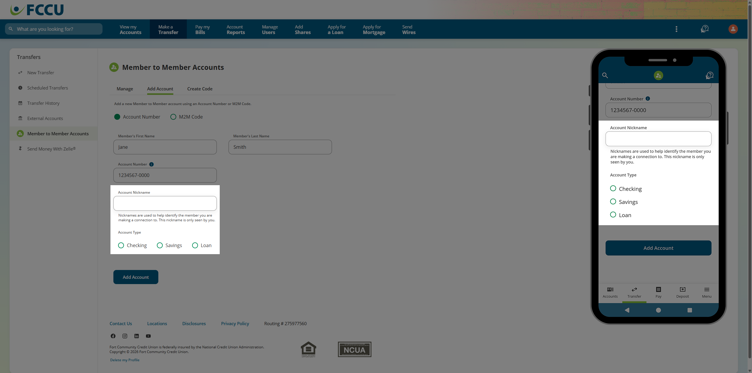 Screenshot of digital banking 'Member to Member Accounts' page.