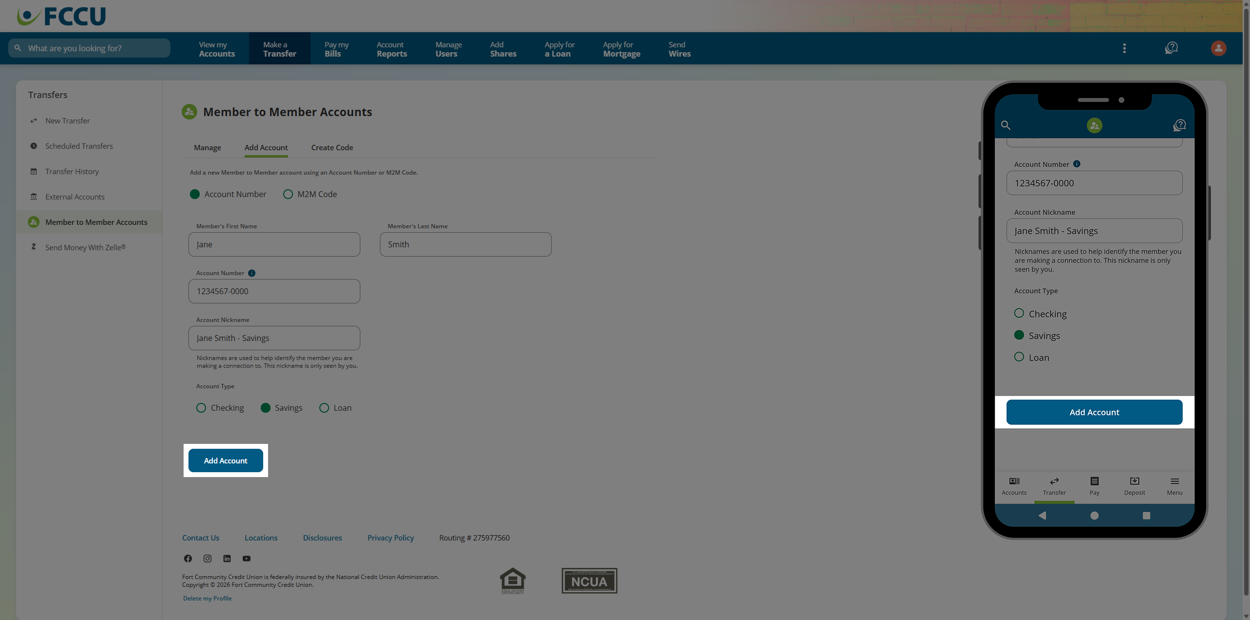 Screenshot of digital banking 'Member to Member Accounts' page.