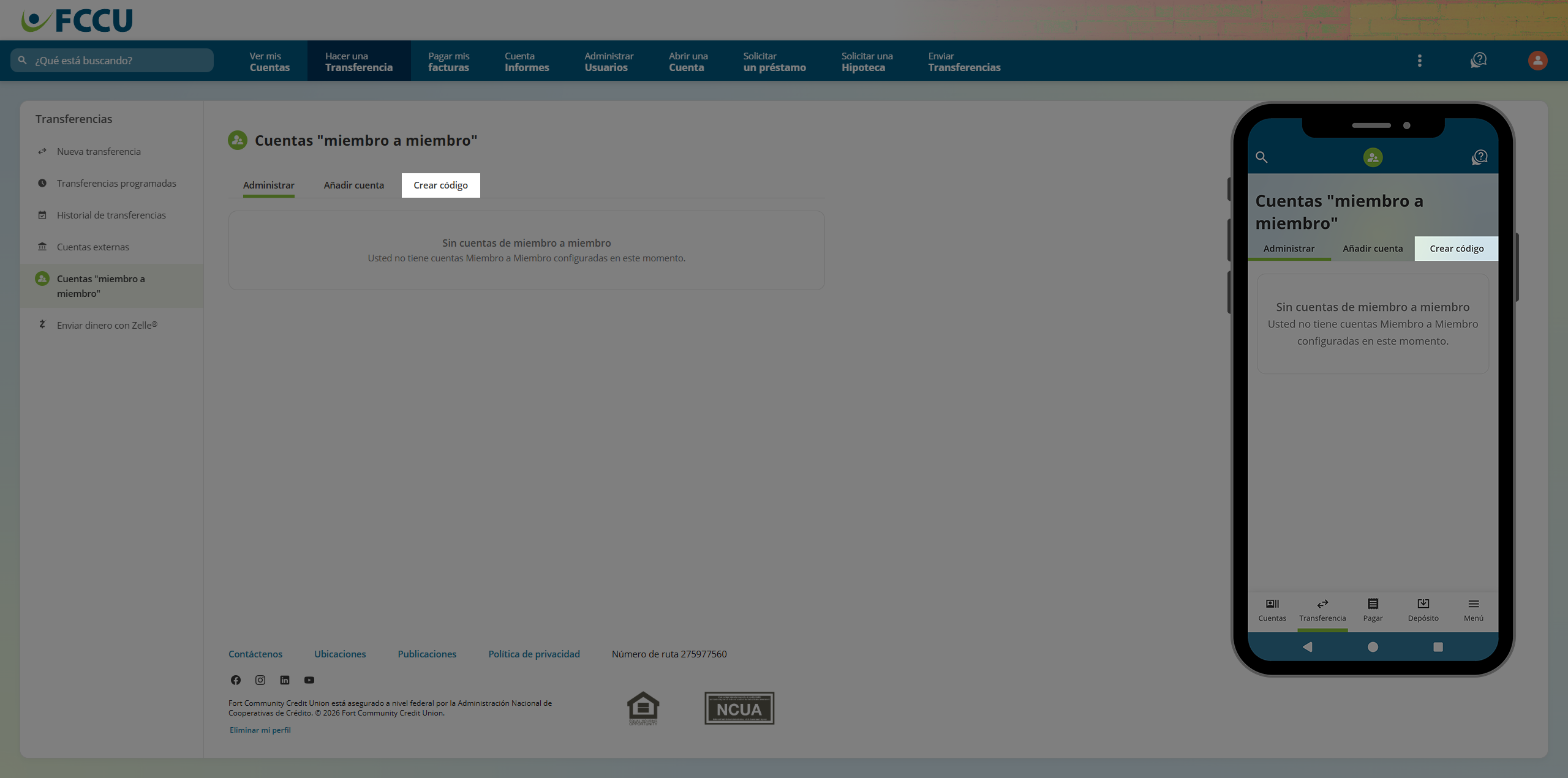 Screenshot of digital banking 'Member to Member Accounts' page.