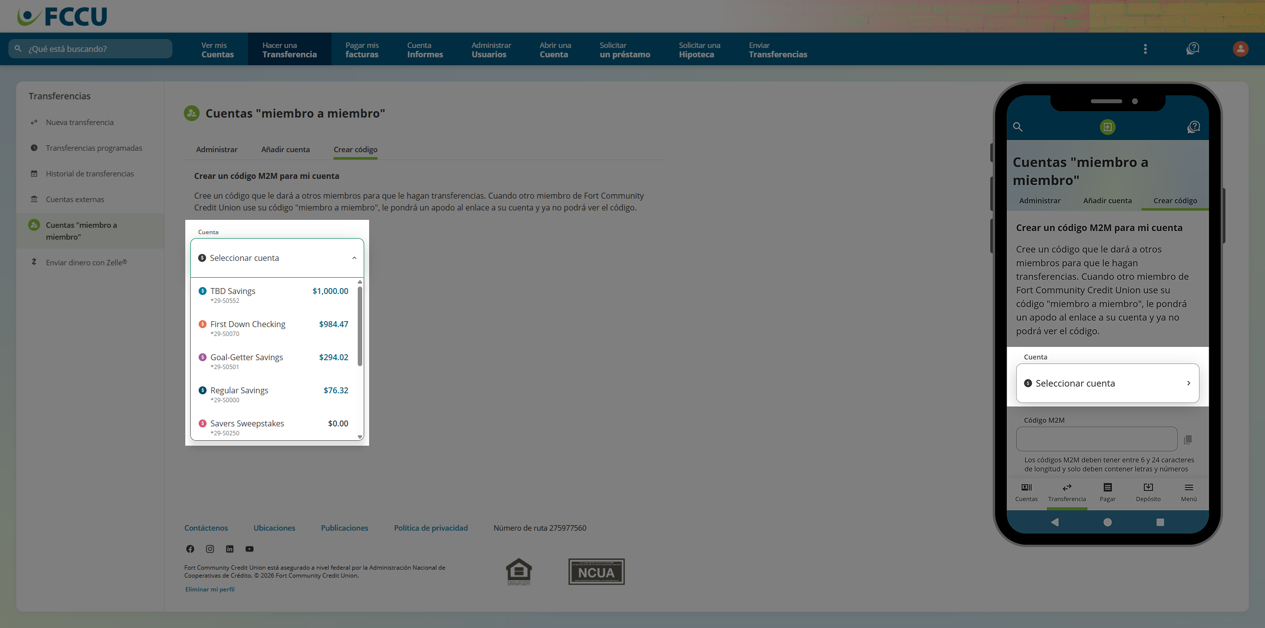 Screenshot of digital banking 'Member to Member Accounts' page.