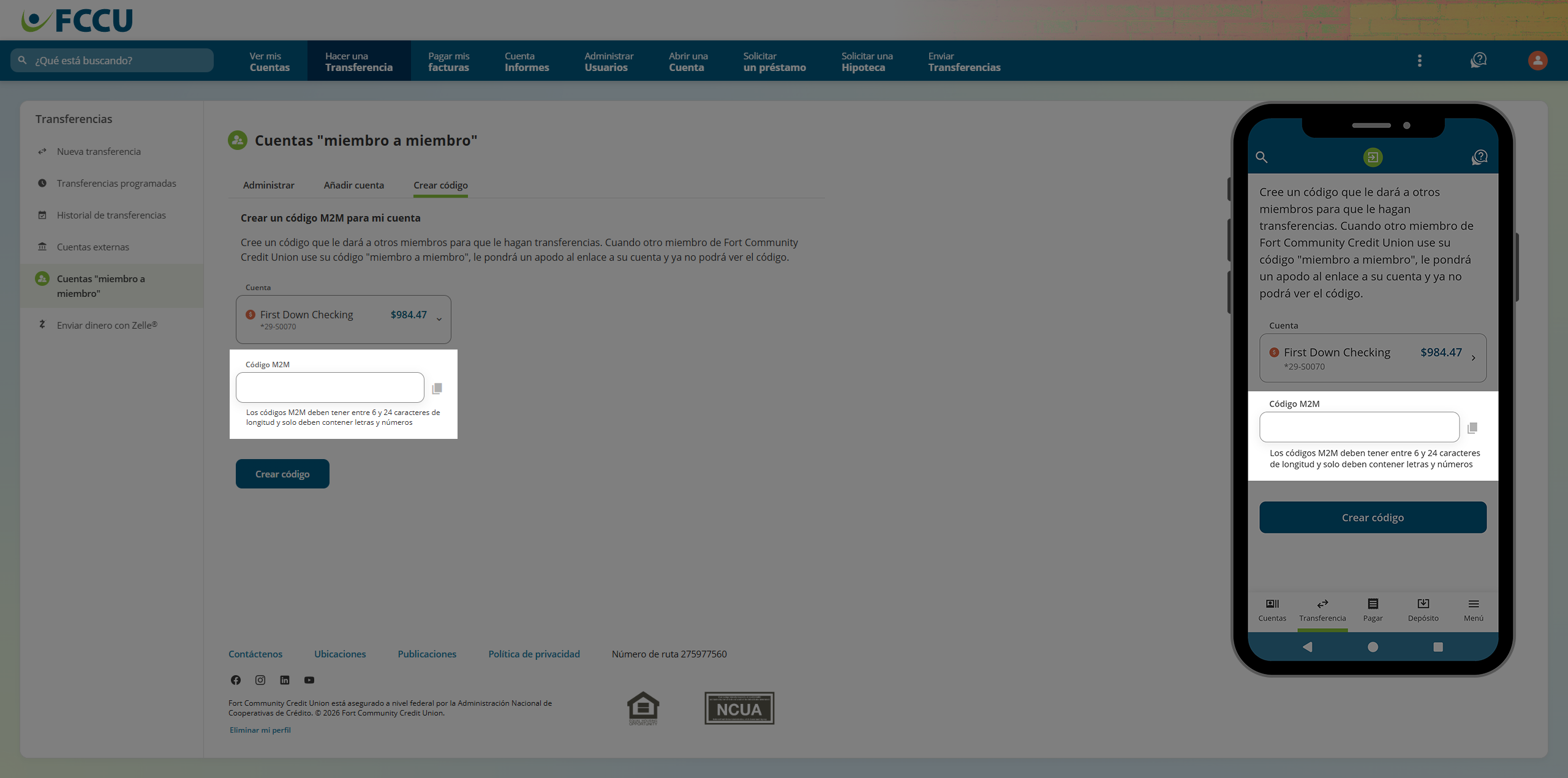 Screenshot of digital banking 'Member to Member Accounts' page.