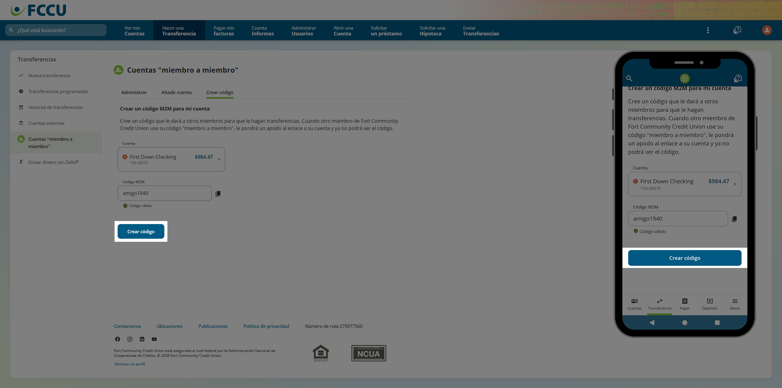 Screenshot of digital banking 'Member to Member Accounts' page.