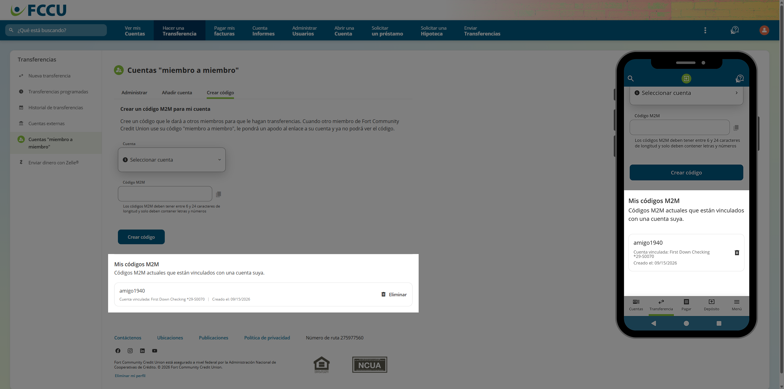Screenshot of digital banking 'Member to Member Accounts' page.