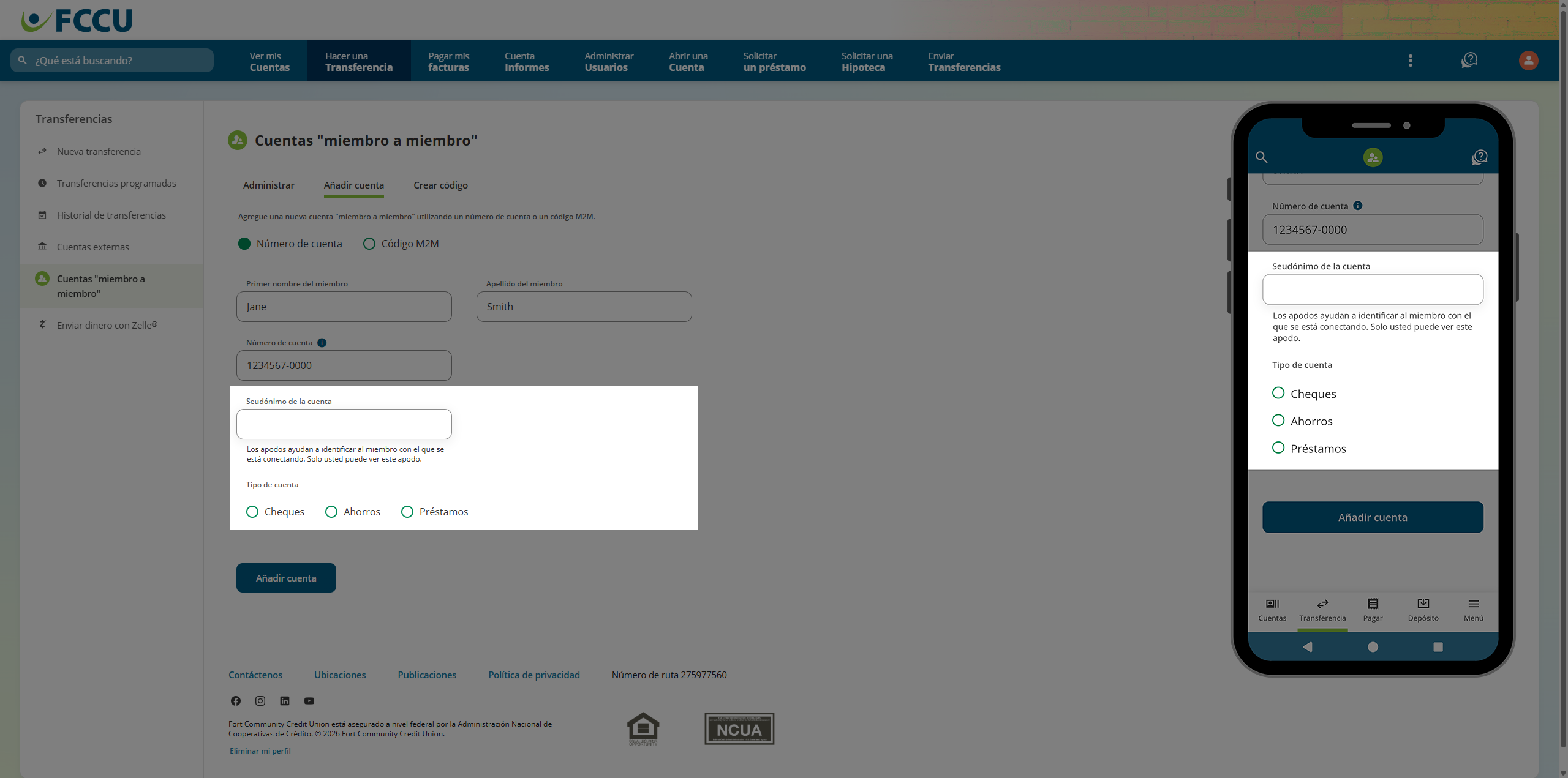 Screenshot of digital banking 'Member to Member Accounts' page.