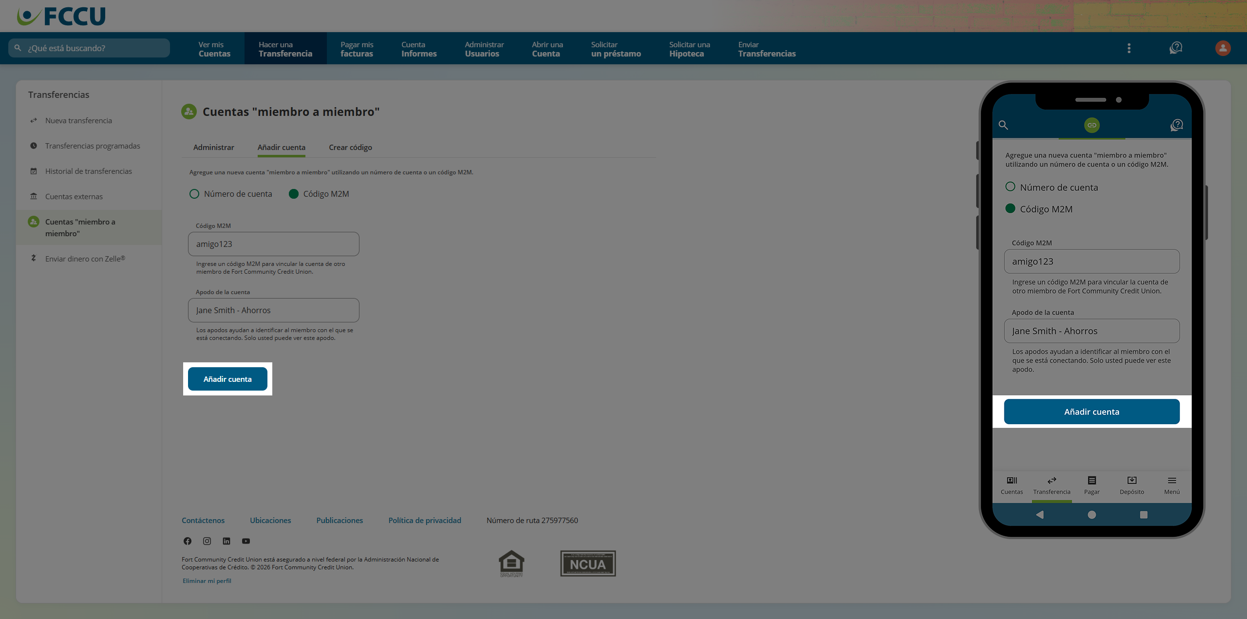 Screenshot of digital banking 'Member to Member Accounts' page.