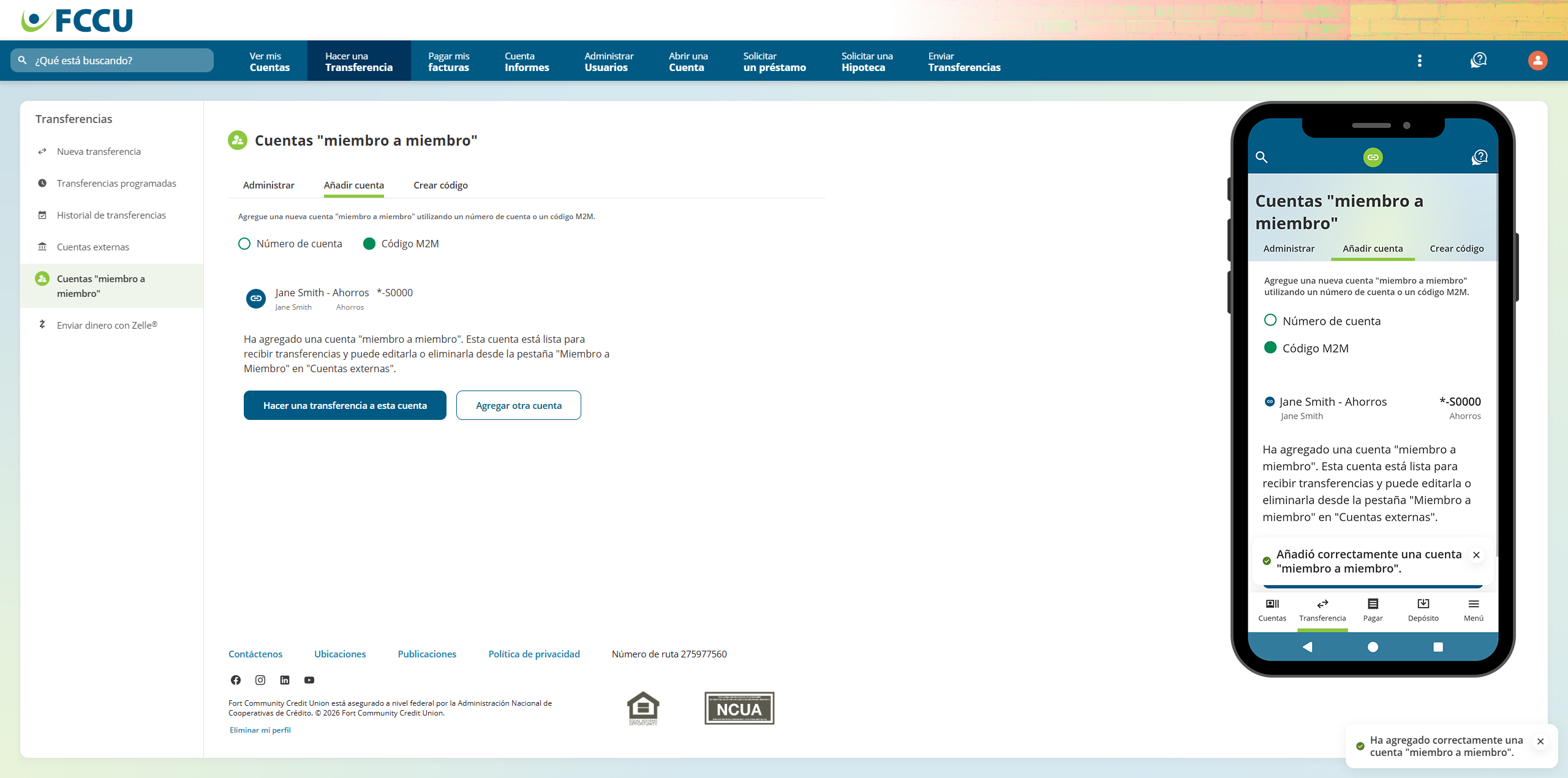 Screenshot of digital banking 'Member to Member Accounts' page.